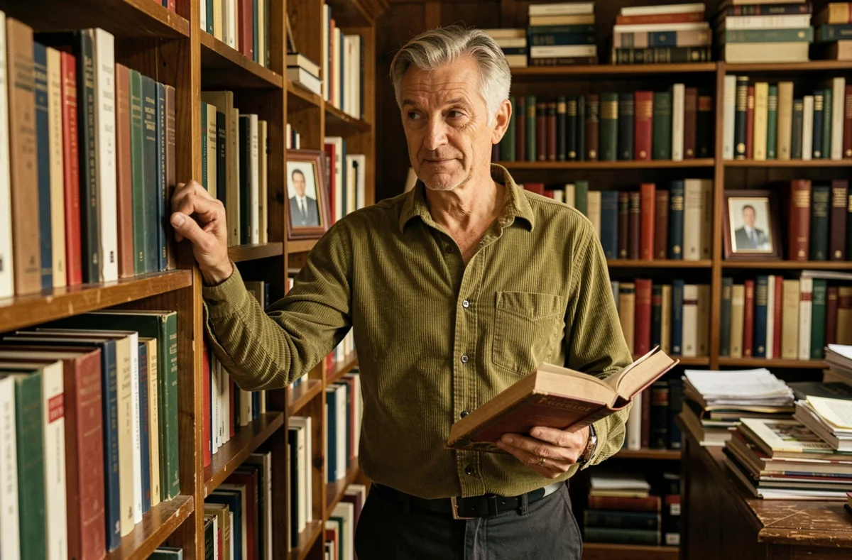 Homme d'âge mûr dans une bibliothèque personnelle chaleureuse tenant un roman, atmosphère intime et intellectuelle