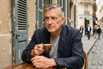 Portrait intimiste d'un acteur français d'âge mûr attablé dans un café parisien, regard pensif et expressif