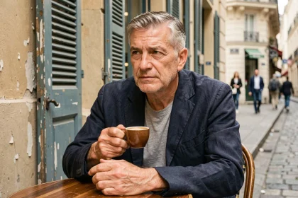 Portrait intimiste d'un acteur français d'âge mûr attablé dans un café parisien, regard pensif et expressif