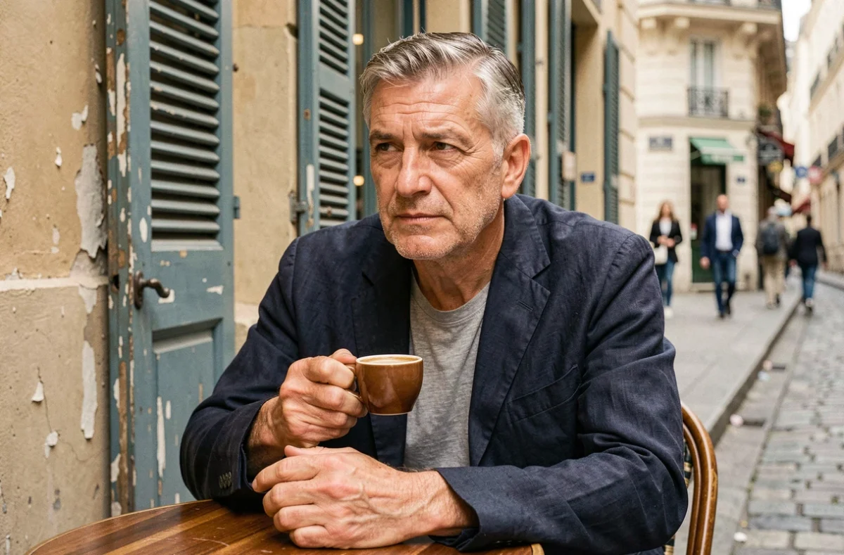 Portrait intimiste d'un acteur français d'âge mûr attablé dans un café parisien, regard pensif et expressif