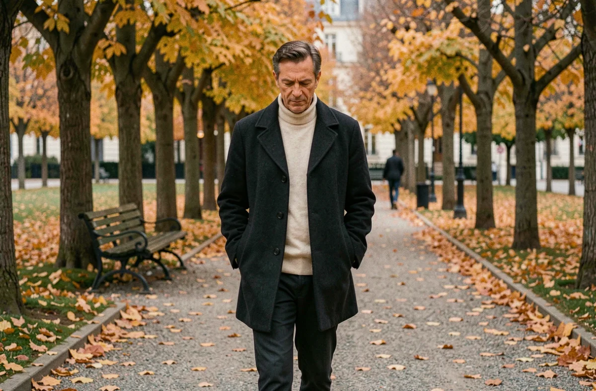 Homme solitaire en manteau marchant dans un parc parisien en automne, ambiance contemplative et mélancolique