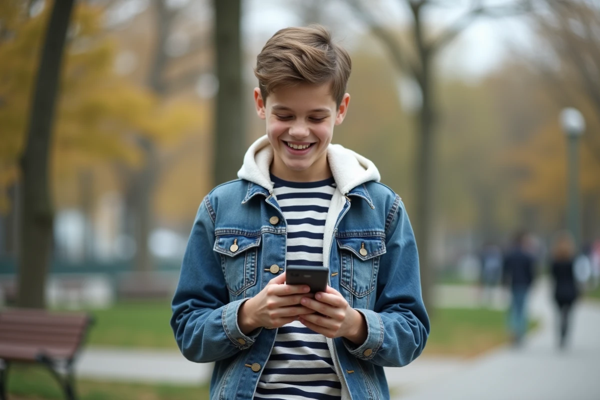 Jeune garçon riant en vérifiant un message dans un parc urbain