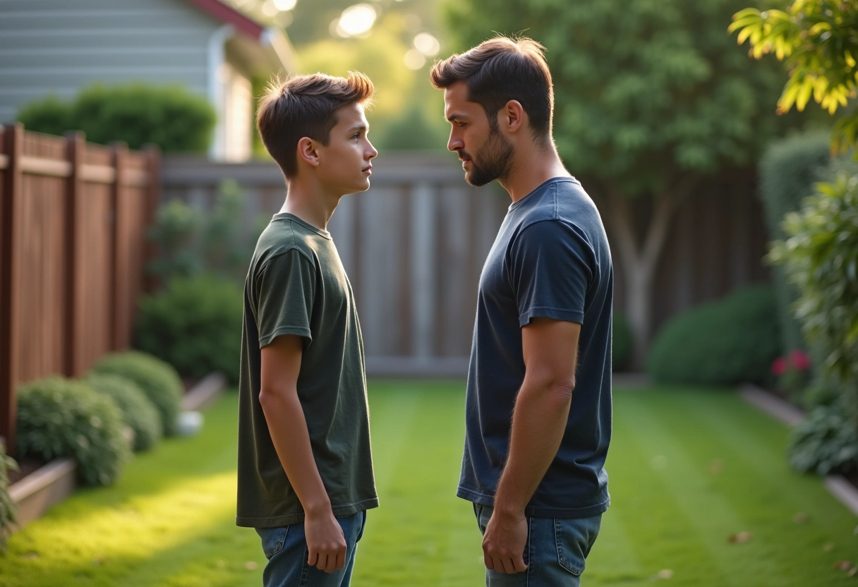Jeune garçon et père dans le jardin familial