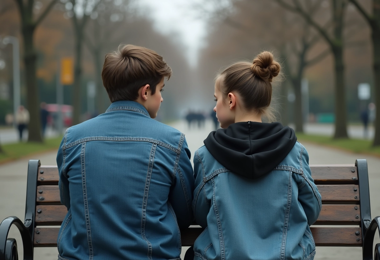 Deux adolescents assis sur un banc de parc urbain