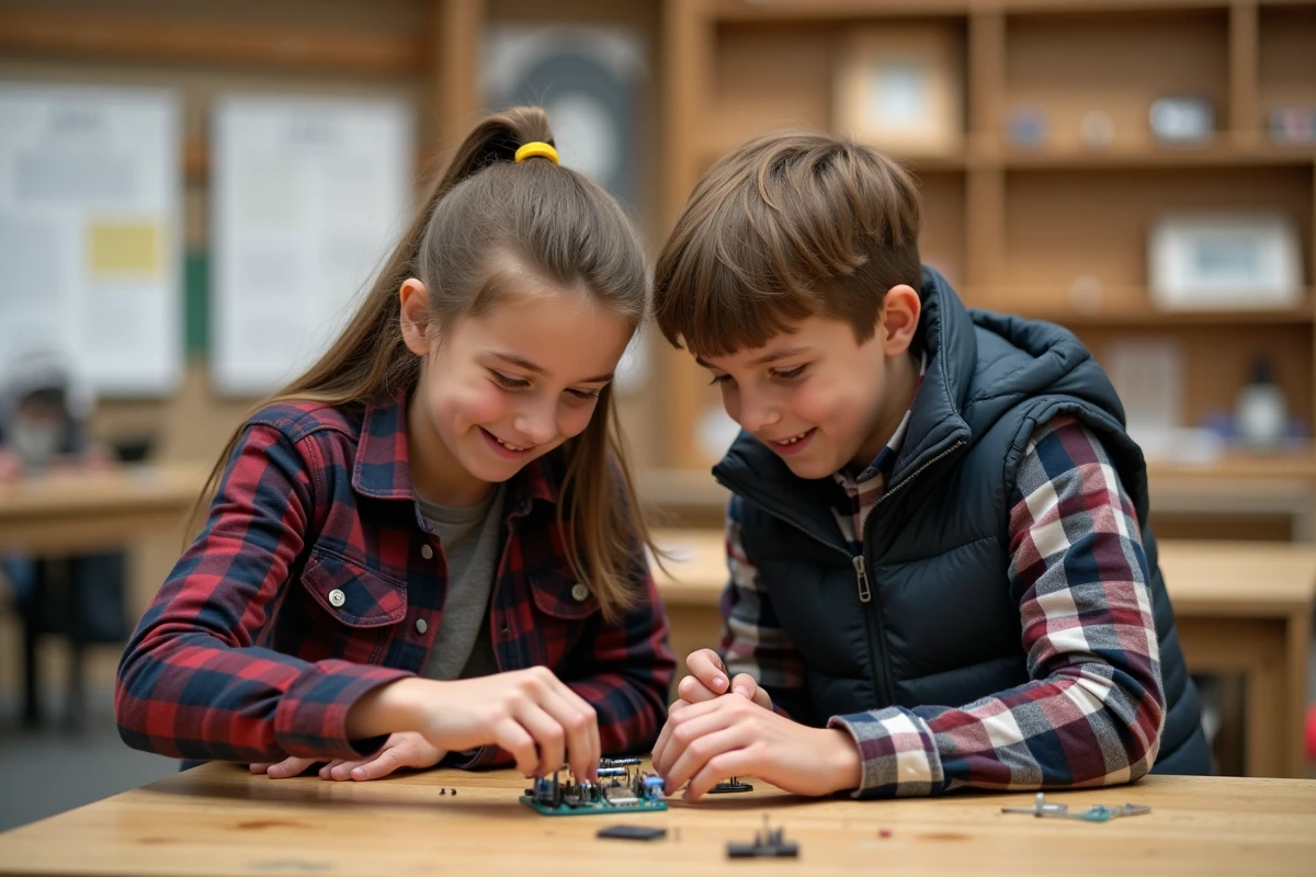 Adolescents construisant un circuit électronique lors d'un atelier scientifique dans un musée en Île-de-France