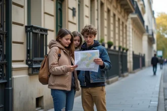 Trois adolescents consultant une carte en plein air devant un immeuble haussmannien à Paris pour planifier leur journée