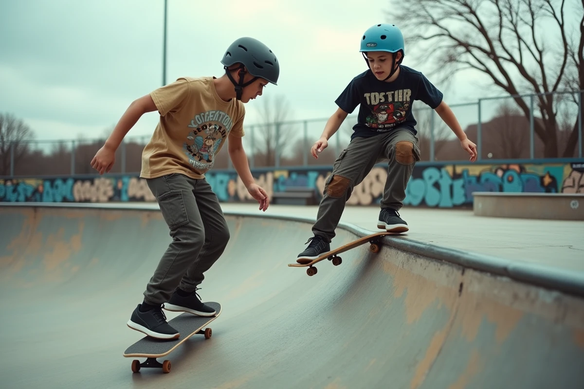 Deux adolescents faisant du skateboard dans un skatepark en béton en banlieue parisienne en Île-de-France