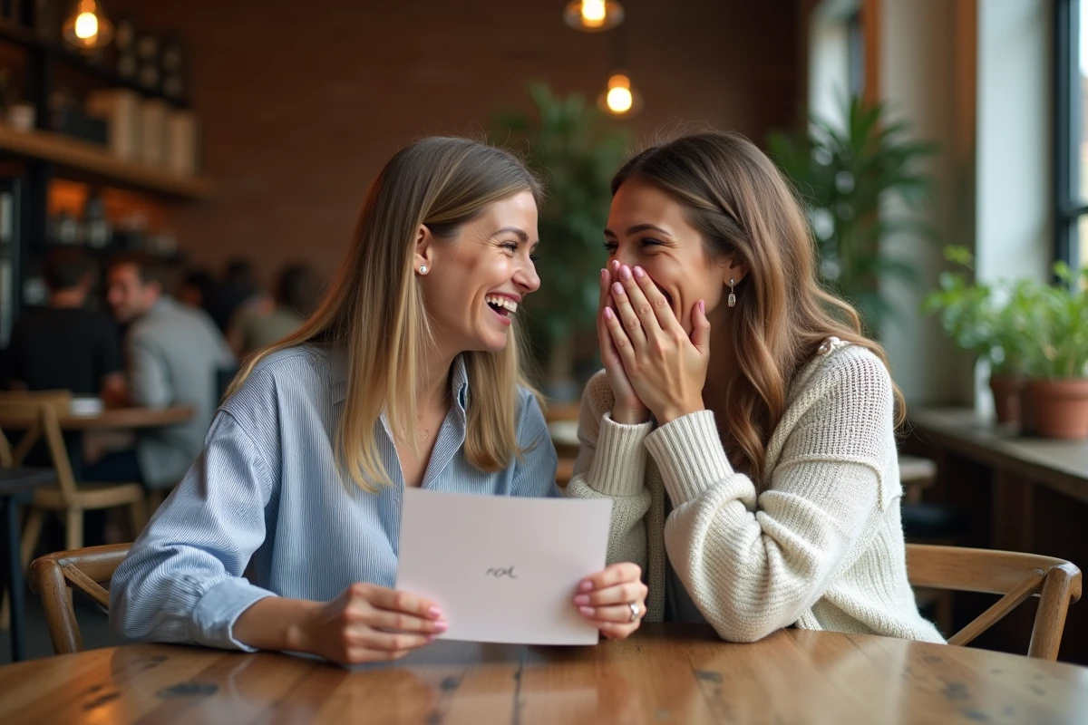 Deux amies riant ensemble dans un café en lisant un message d'anniversaire écrit à la main