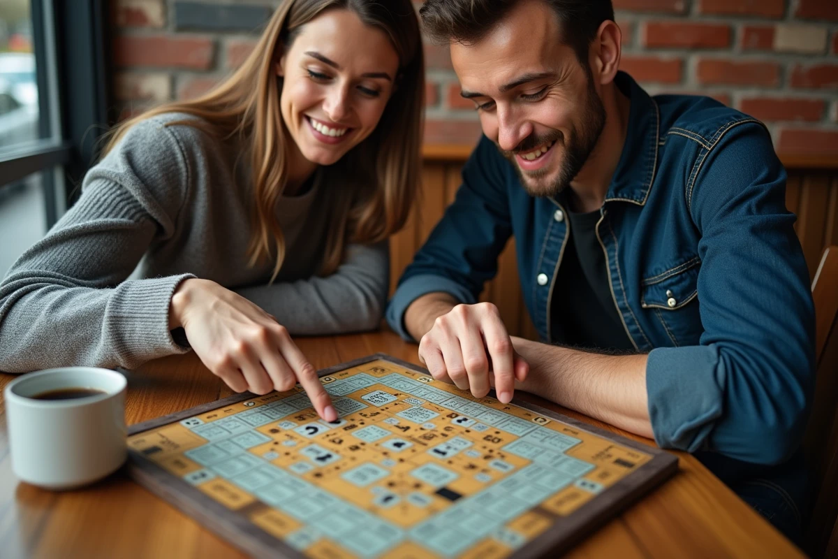 Deux amis découvrant les règles du jeu de société Bonne Paye dans un café avec le plateau de jeu en gros plan