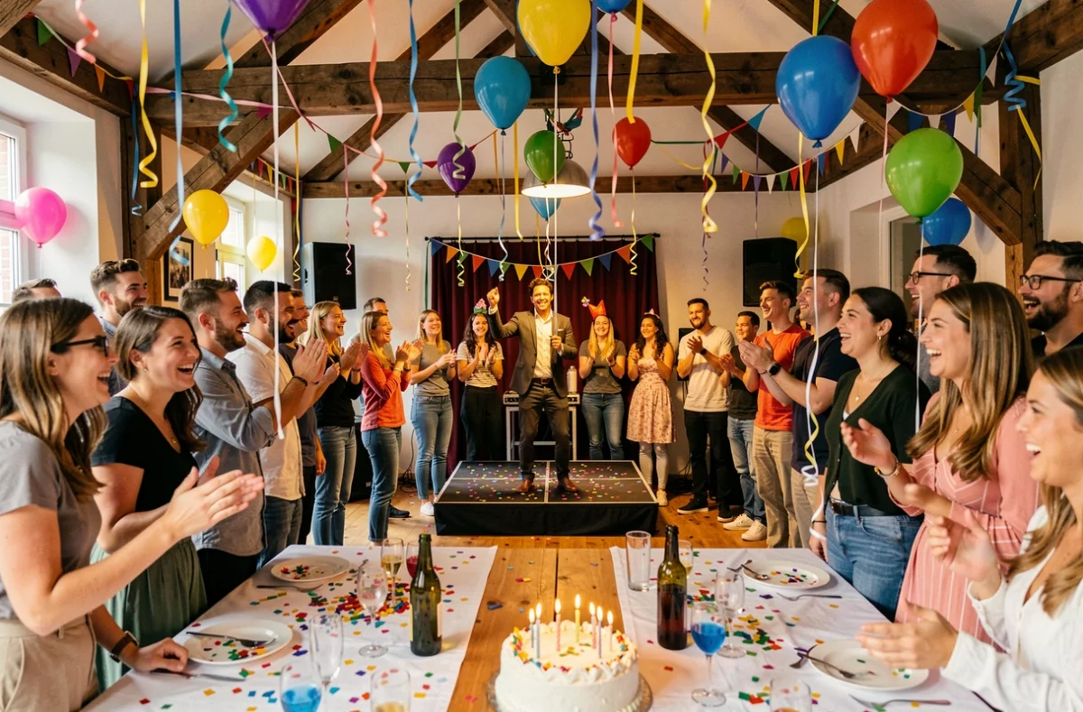 Animateur d'anniversaire festif devant une salle décorée de ballons colorés dans le Grand Est