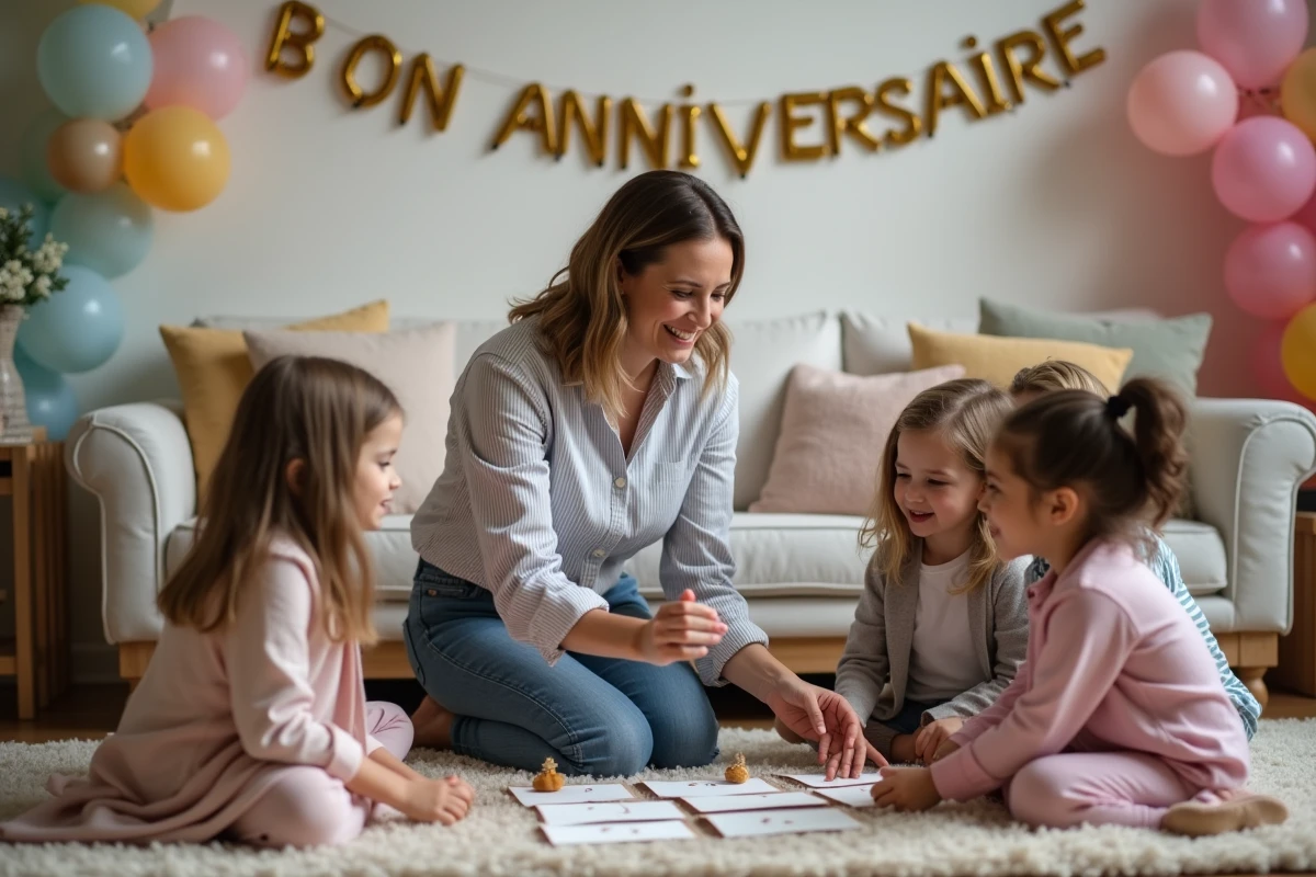 Maman animant une chasse au trésor d'anniversaire avec des enfants dans le salon