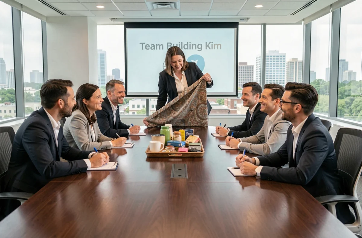 Animatrice révélant les objets du jeu Kim devant des participants lors d'un atelier team building en salle de réunion