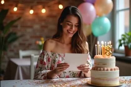 Jeune femme de 18 ans lisant un message d'anniversaire stylé devant un gâteau décoré avec des bougies dorées