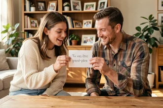 Femme enceinte et son partenaire montrant une note d'annonce de grossesse aux grands-parents dans un salon chaleureux