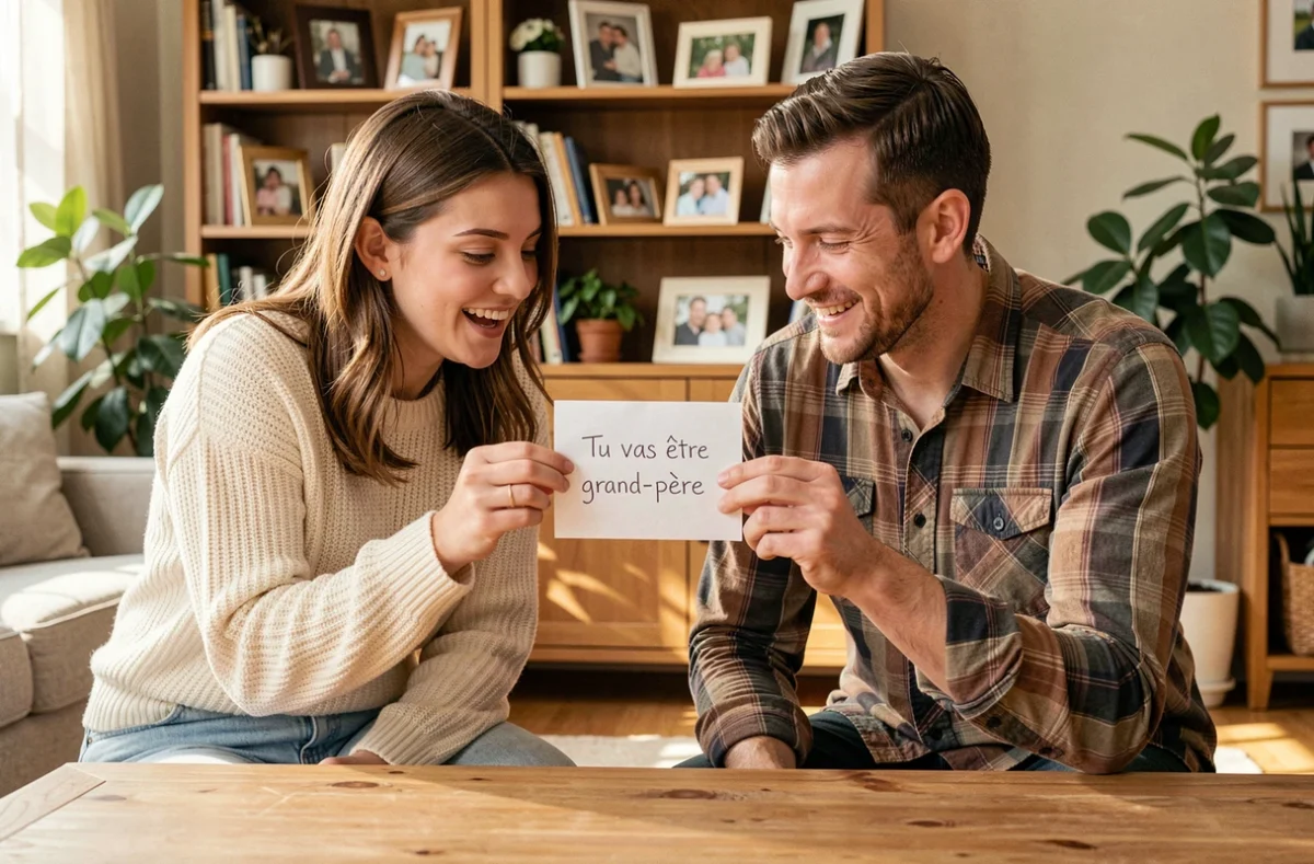 Femme enceinte et son partenaire montrant une note d'annonce de grossesse aux grands-parents dans un salon chaleureux