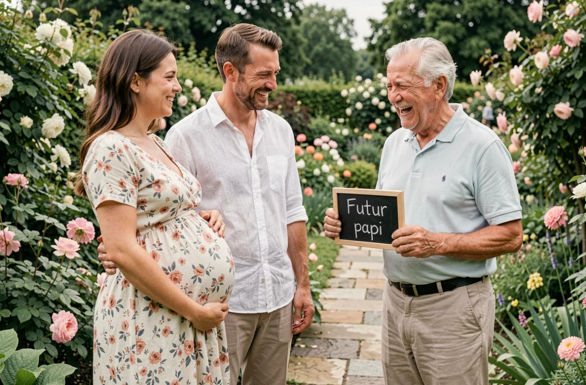 Annonce de grossesse au grand-père dans un jardin fleuri avec un panneau ardoise 'Futur papi'