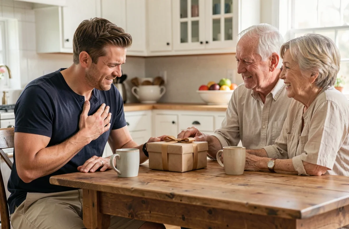 Papa qui annonce la grossesse à ses parents autour d'une table de cuisine rustique avec un cadeau surprise