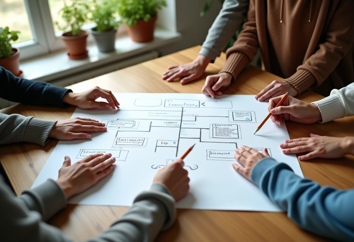 Diagramme d arbre généalogique sur papier avec mains