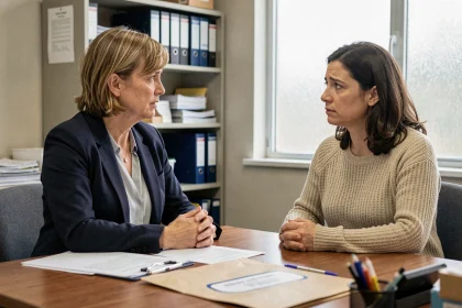 Assistante sociale de l'ASE en entretien avec une mère de famille dans un bureau administratif, illustrant le rôle d'accompagnement prévu par l'article 375 du Code civil