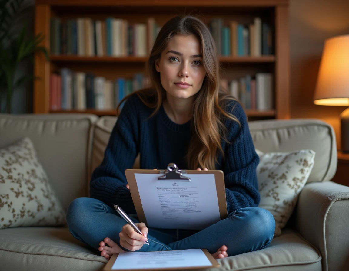Jeune femme majeure remplissant une attestation d'hébergement chez ses parents dans le salon familial
