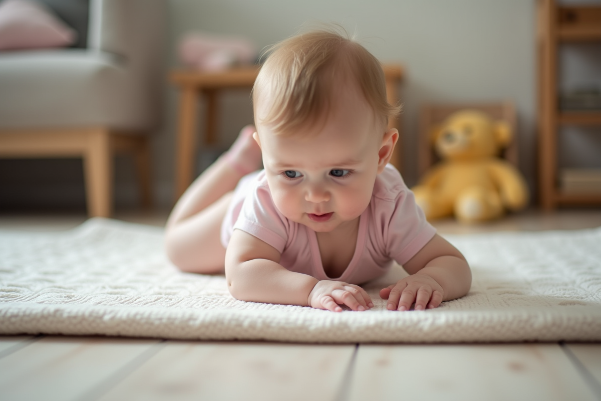 Bébé fille de 6 mois en pleine action sur un tapis de jeu
