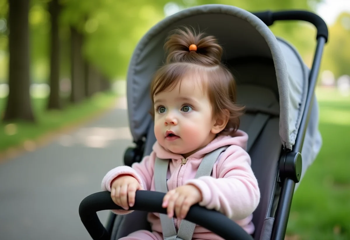 Bebe fille curieuse dans une poussette en parc