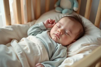 Bébé endormi dans un berceau en bois dans une nurserie douce