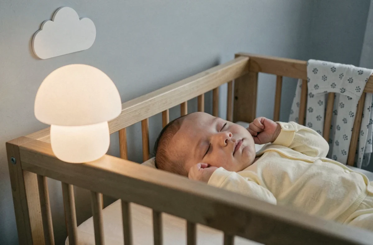 Bébé endormi dans un berceau en bois avec une veilleuse musicale en forme de champignon posée sur le rebord