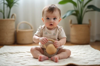 B&eacute;b&eacute; fille de 7 mois jouant avec jouets en tissu et bois