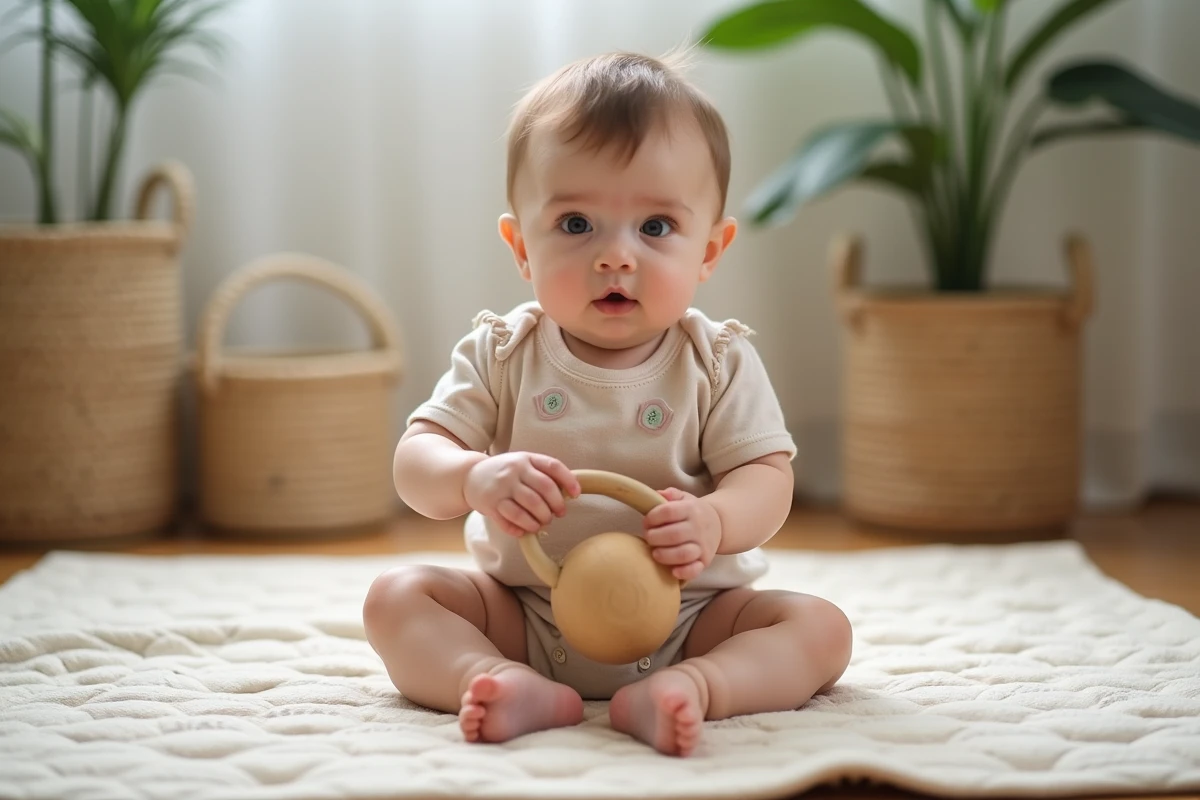 Bébé fille de 7 mois jouant avec jouets en tissu et bois