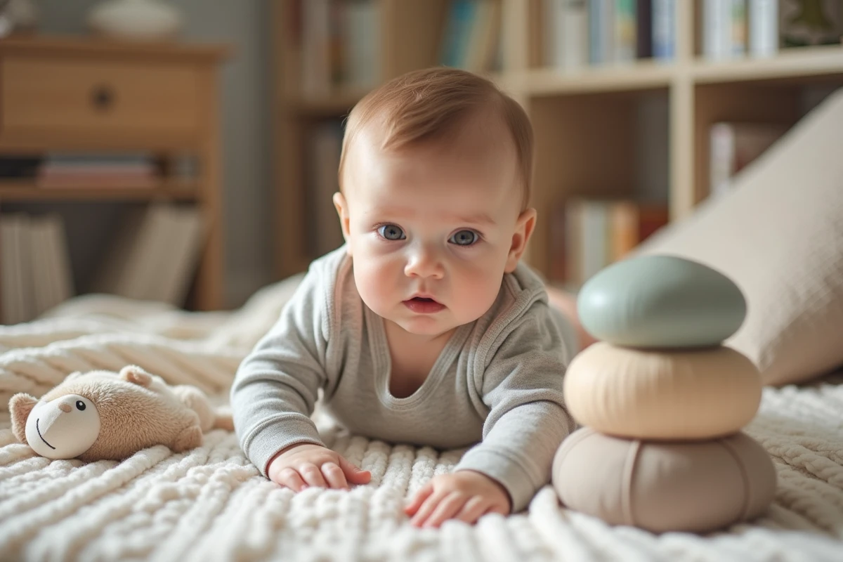 Bébé garçon de 7 mois dans un lit en coton bio et jouets doux