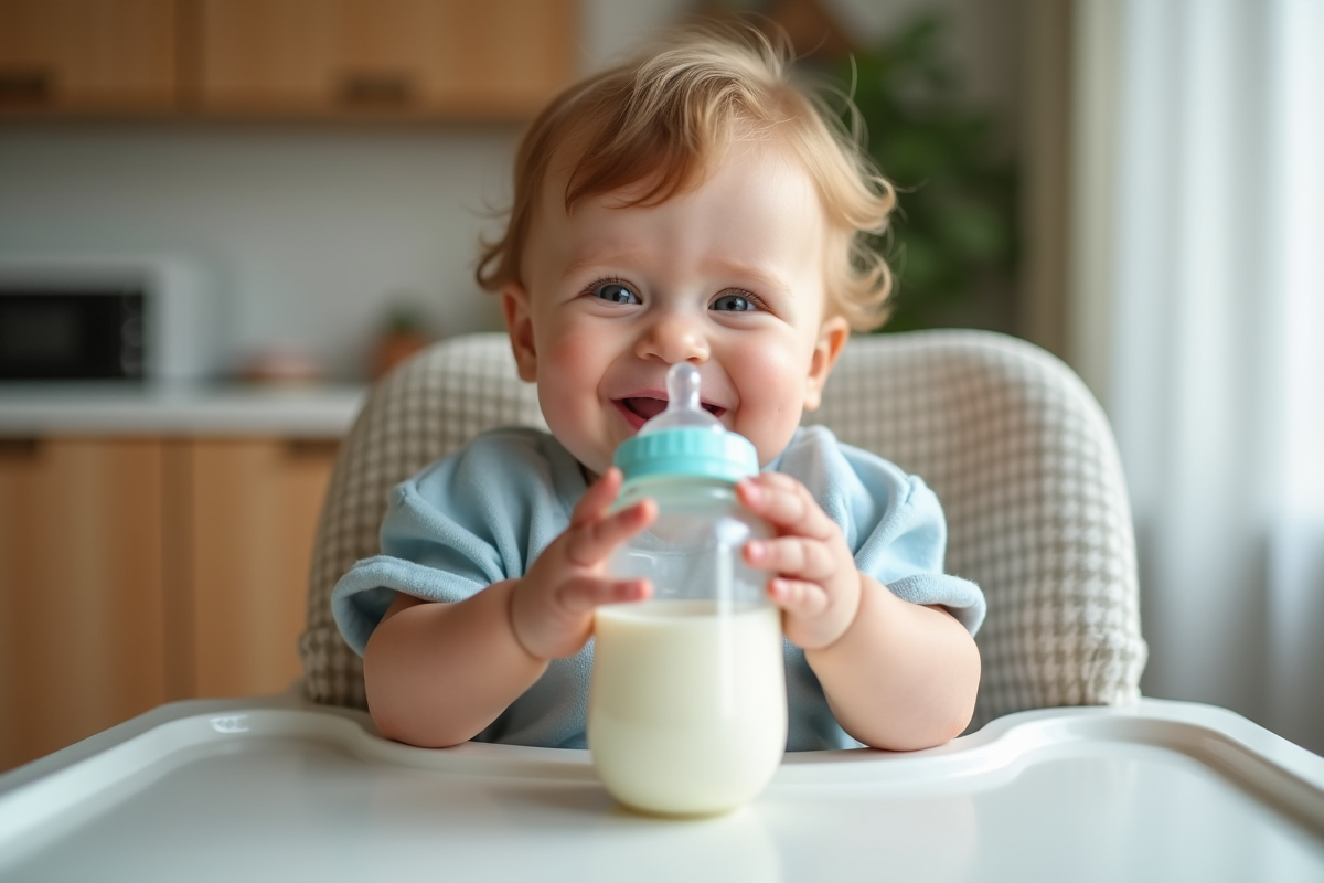Bébé souriant tenant un biberon dans une cuisine chaleureuse