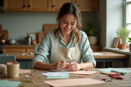 Femme préparant un bricolage fait maison pour la fête des mères à une table en bois avec fleurs séchées et papier coloré
