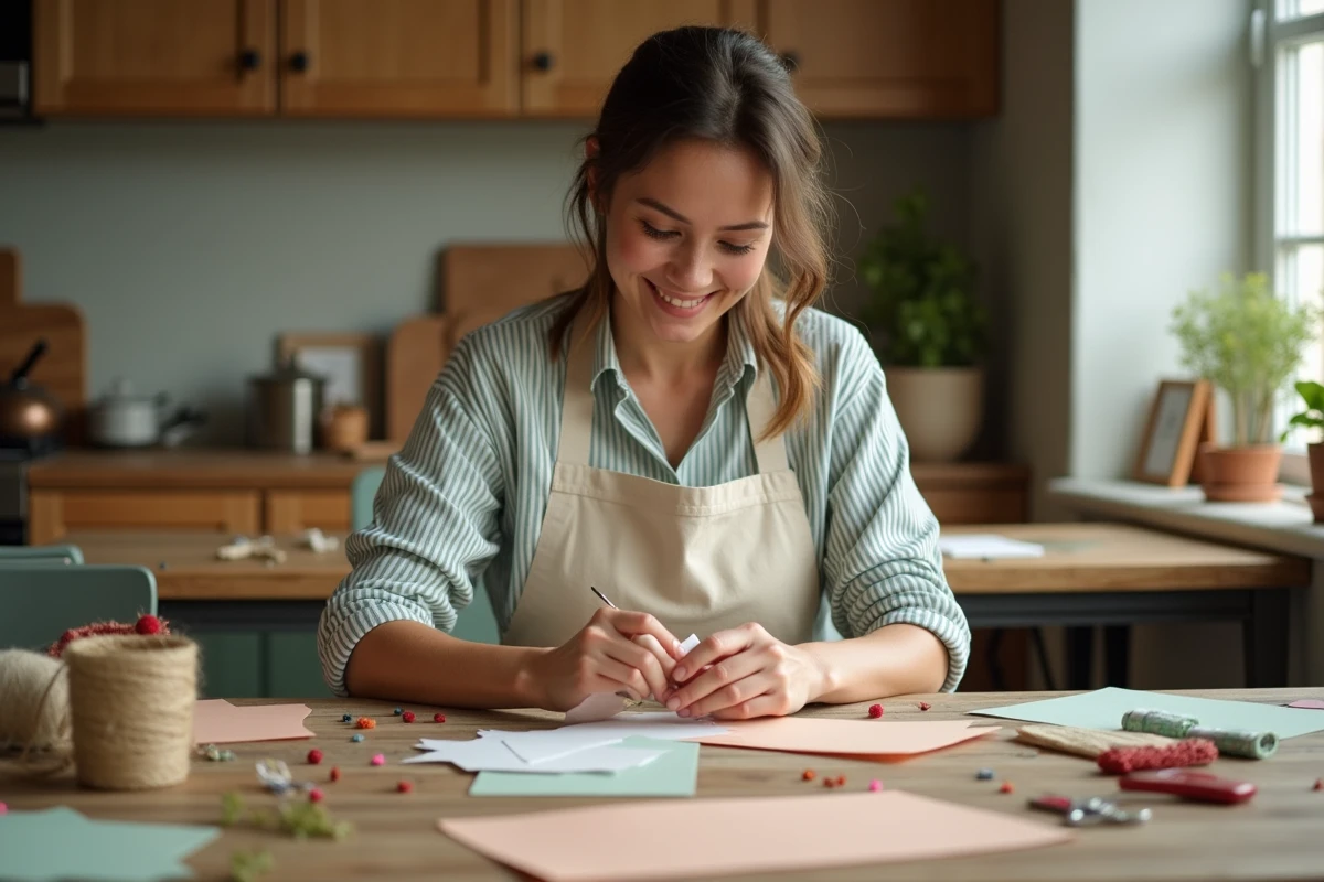 Femme préparant un bricolage fait maison pour la fête des mères à une table en bois avec fleurs séchées et papier coloré