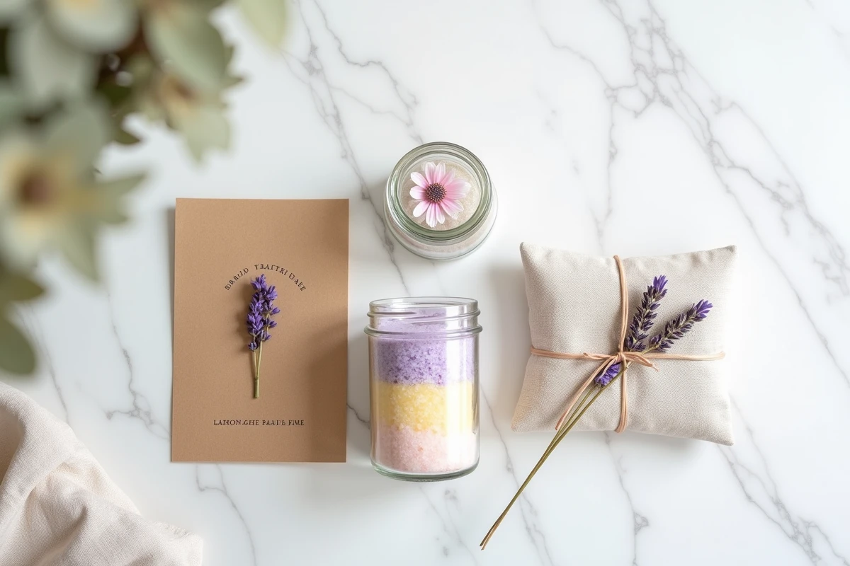 Composition de cadeaux faits main pour la fête des mères avec sels de bain, carte artisanale et sachet de lavande sur marbre