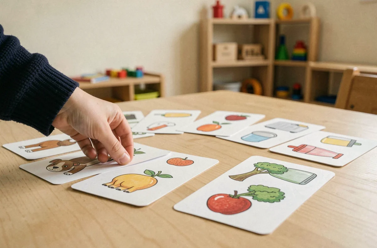 Gros plan sur des cartes parlantes Montessori colorées posées sur une table en bois avec la main d'un enfant