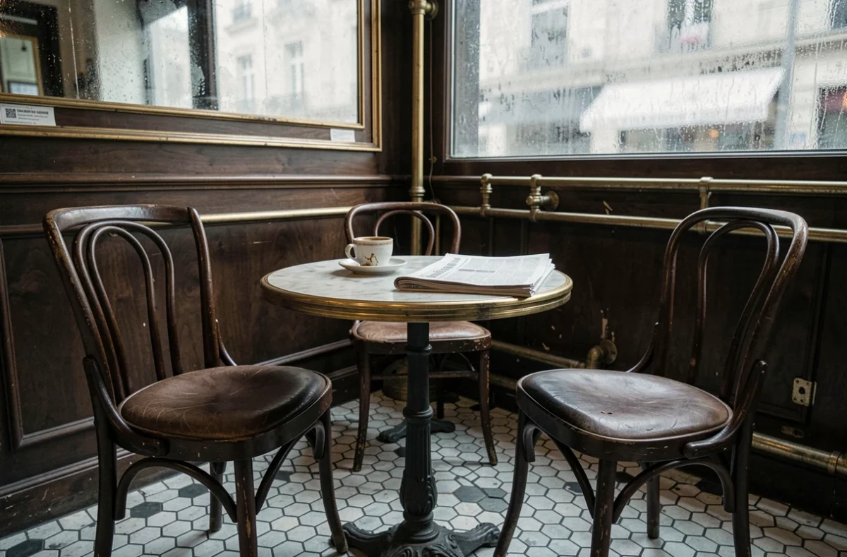 Deux chaises vides face à face dans une brasserie parisienne, évoquant rumeurs et zones d'ombre dans une relation