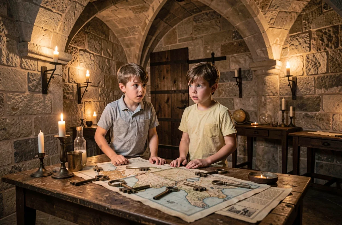 Deux enfants explorant une salle d'énigmes médiévale au Château des Enigmes en Charente-Maritime
