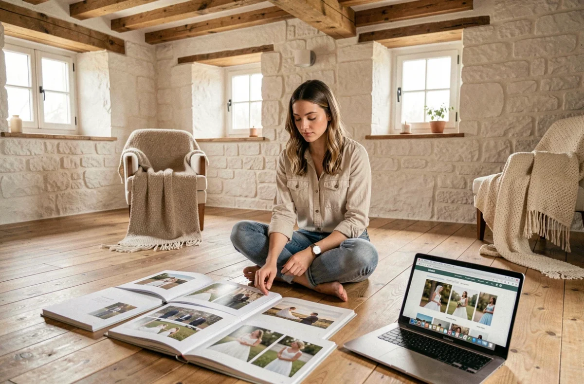 Femme comparant des portfolios de photographes de mariage chez elle dans une ferme bretonne rénovée