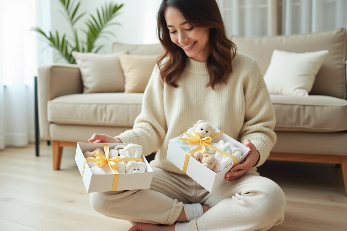 Jeune mère tenant deux coffrets cadeaux identiques pour jumeaux nouveau-nés, entourée de produits de naissance ouverts sur un parquet clair