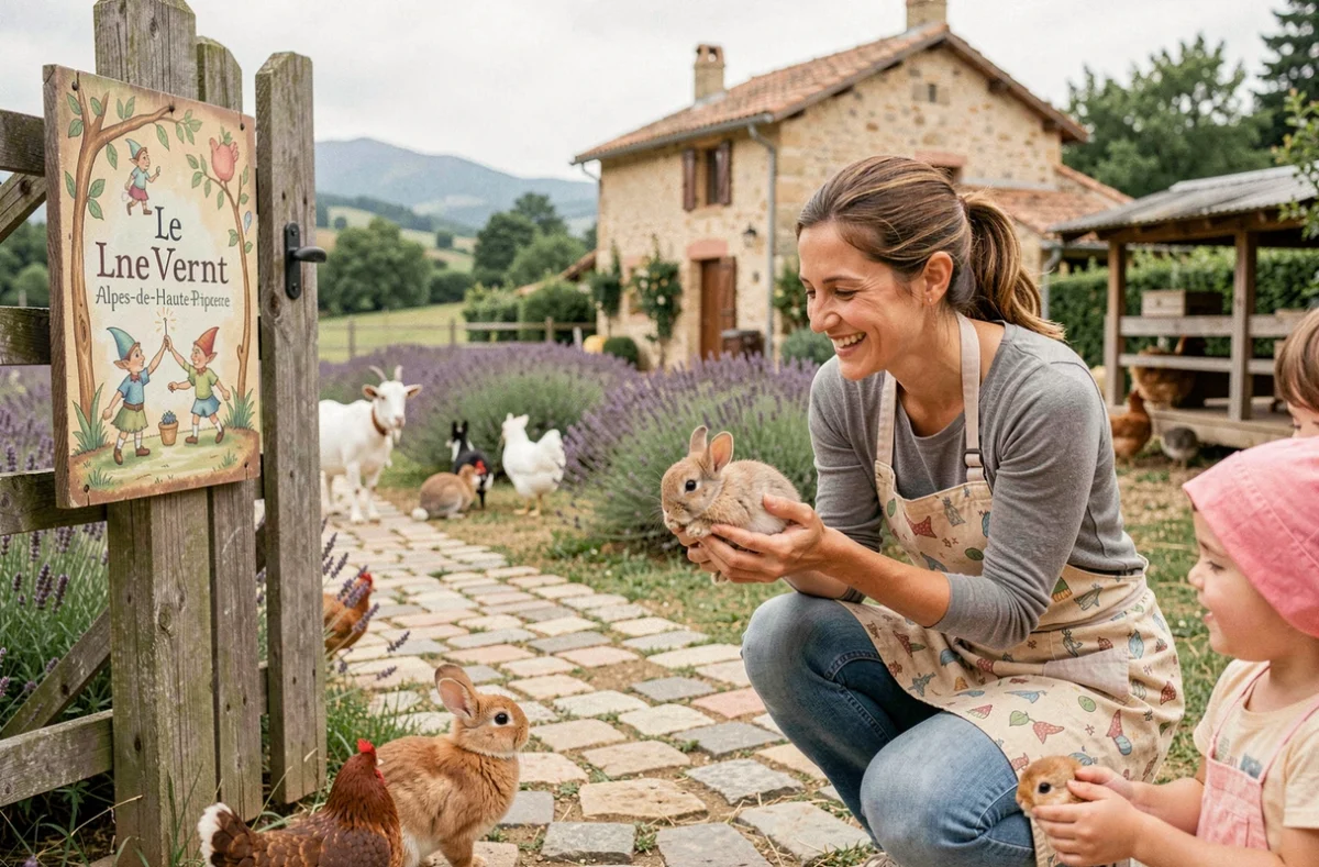 Animatrice montrant un lapereau à des visiteurs à la Colline des Lutins au Vernet dans les Alpes-de-Haute-Provence