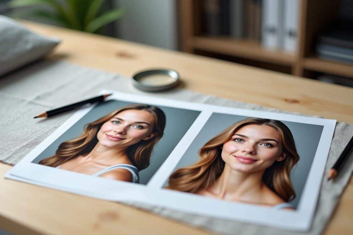 Comparaison côte à côte de deux tirages photographiques montrant une photo originale et une version retouchée d'un portrait de jeune femme posés sur une table en chêne
