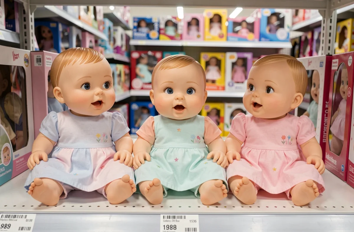 Trois poupées parlantes de tailles différentes exposées sur une étagère blanche dans le rayon jouets d'un magasin