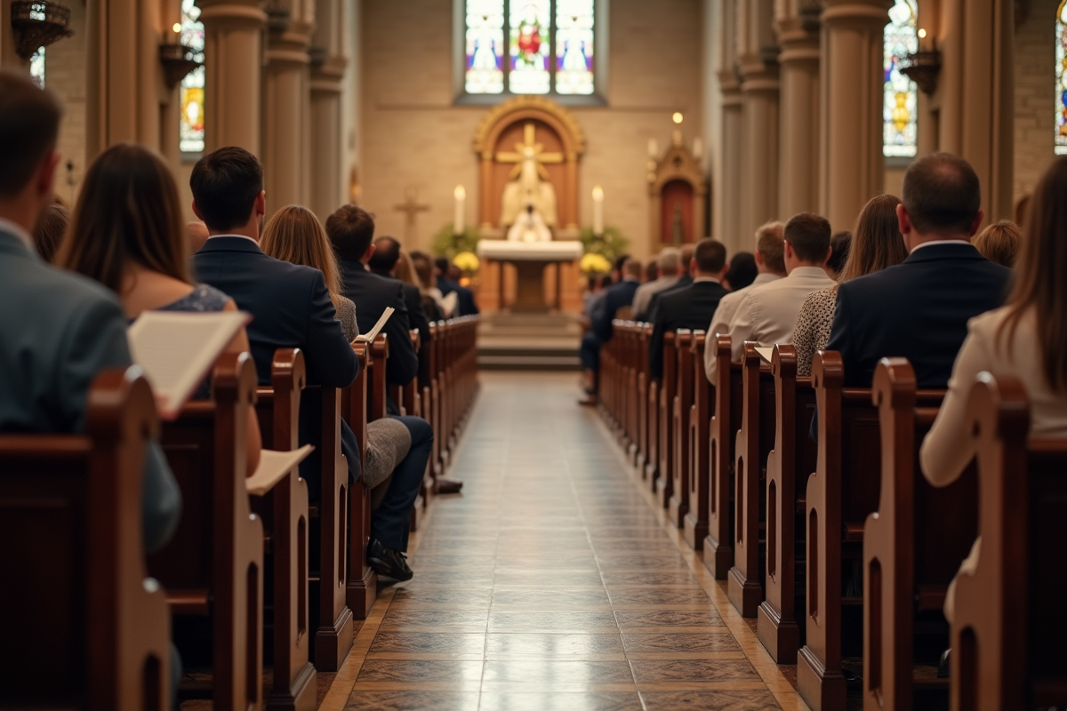 Foule dans une église ancienne en prière lors d’un service religieux