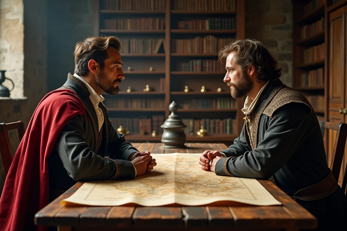 Deux hommes en tenue médiévale face à un bureau ancien