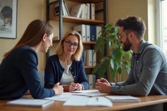 Une travailleuse sociale discute de documents d'adoption avec un couple lors d'une consultation dans un bureau professionnel et chaleureux