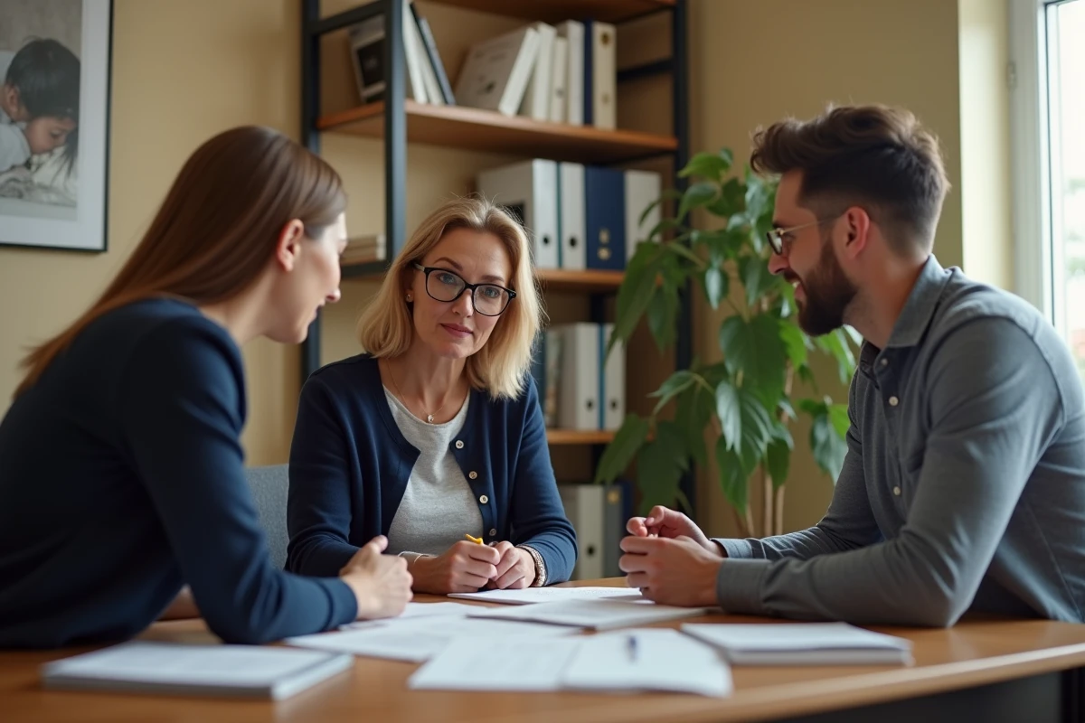 Une travailleuse sociale discute de documents d'adoption avec un couple lors d'une consultation dans un bureau professionnel et chaleureux