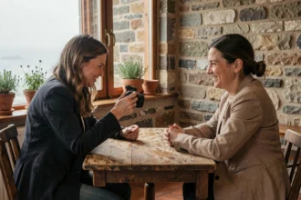 Photographe de mariage en consultation avec un couple dans un café breton aux murs en pierre, Côtes-d'Armor