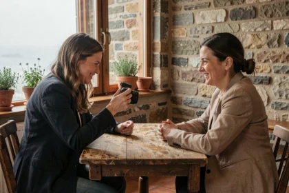 Photographe de mariage en consultation avec un couple dans un café breton aux murs en pierre, Côtes-d'Armor