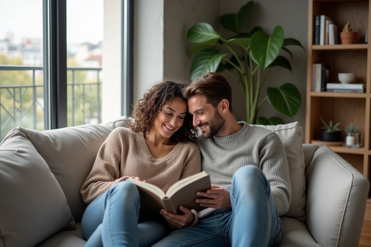 Couple dans leur appartement parisien moderne, vie intime d'une personnalité médiatique et de son mari au quotidien